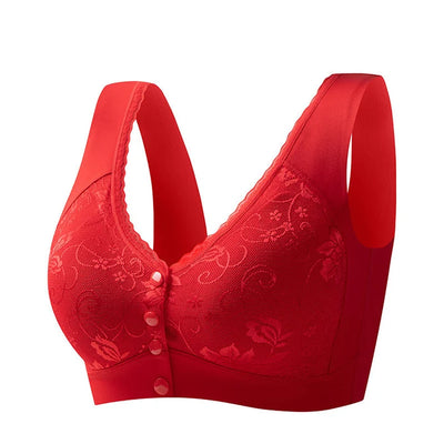 Front-closure, non-wired bra for older women