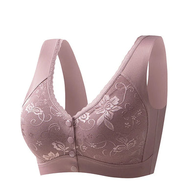 Front-closure, non-wired bra for older women