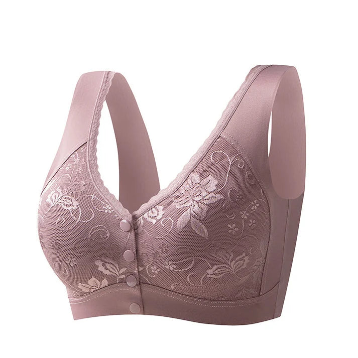 Front-closure, non-wired bra for older women