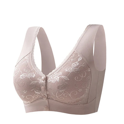 Front-closure, non-wired bra for older women