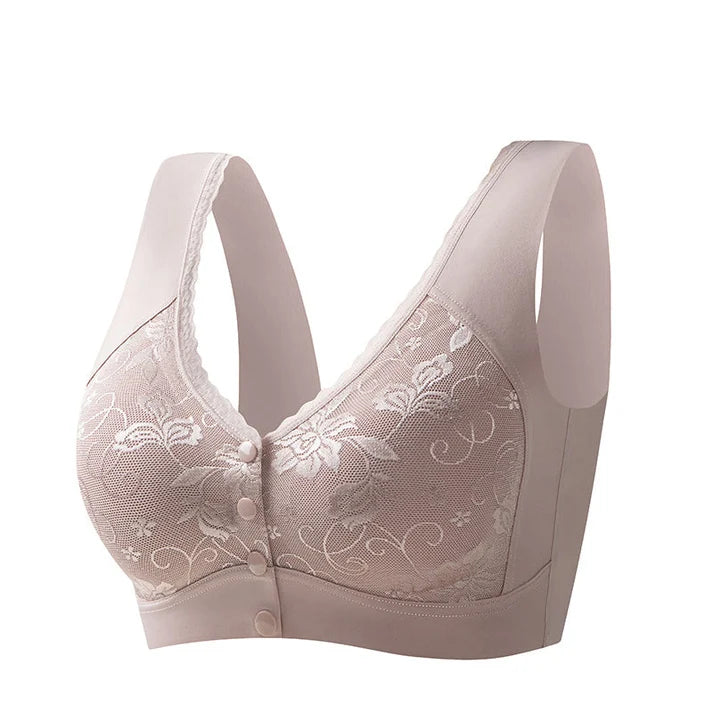 Front-closure, non-wired bra for older women