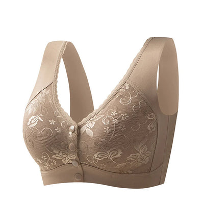 Front-closure, non-wired bra for older women