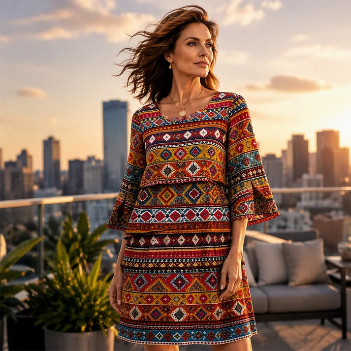 Tiered ruffled A-line dress with a round neck