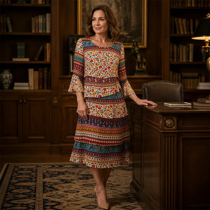 Tiered ruffled A-line dress with a round neck